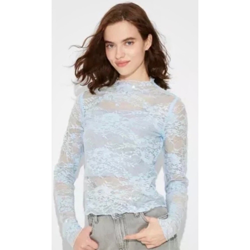 Wild Fable Light Blue Lace Long Sleeve Mock Neck Top Blouse Sequin‎ Small NWT